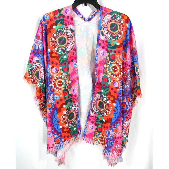 Colorful Floral Medallion Open Front Fringe Cardigan Shawl Wrap Kimono 3XL Boho - Picture 1 of 10
